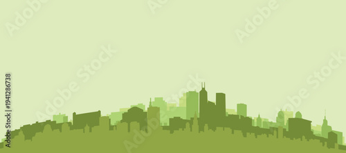 Green panoramic poster of the city skyline with solid background buildings on a hilly terrain of HONG KONG, CHINA