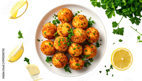 Overhead shot of a white plate with golden-brown fried food balls, garnished