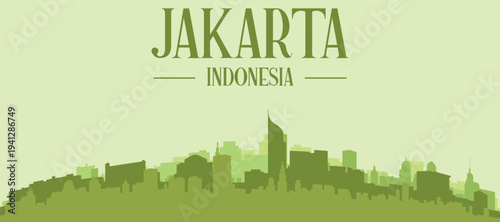 Green panoramic poster of the city skyline with solid background buildings on a hilly terrain of JAKARTA, INDONESIA