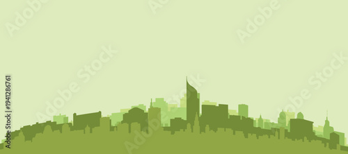 Green panoramic poster of the city skyline with solid background buildings on a hilly terrain of JAKARTA, INDONESIA