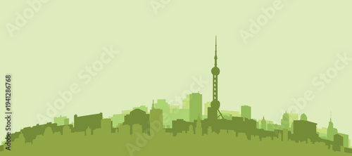 Green panoramic poster of the city skyline with solid background buildings on a hilly terrain of SHANGHAI, CHINA
