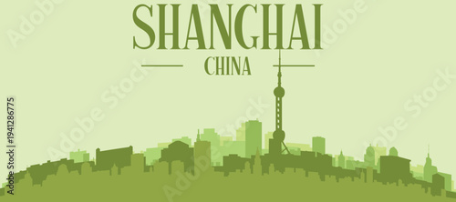 Green panoramic poster of the city skyline with solid background buildings on a hilly terrain of SHANGHAI, CHINA