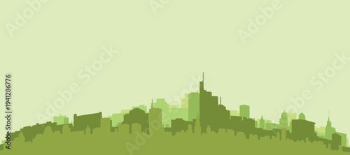 Green panoramic poster of the city skyline with solid background buildings on a hilly terrain of FRANKFURT, GERMANY