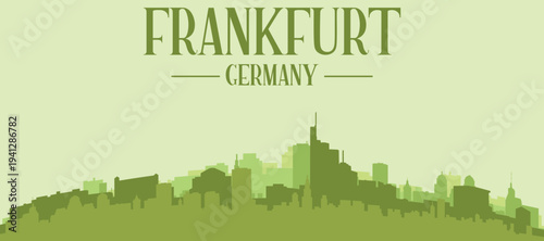 Green panoramic poster of the city skyline with solid background buildings on a hilly terrain of FRANKFURT, GERMANY