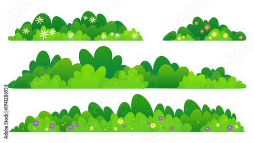Green bush border cartoon vector illustration isolated on white background. Spring plant with blooming color flowers, natural garden hedge, park or forest design elements, summer landscape shrub