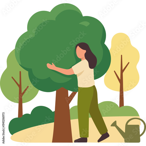 Woman watering tree in park with gardening tools nearby on sunny day