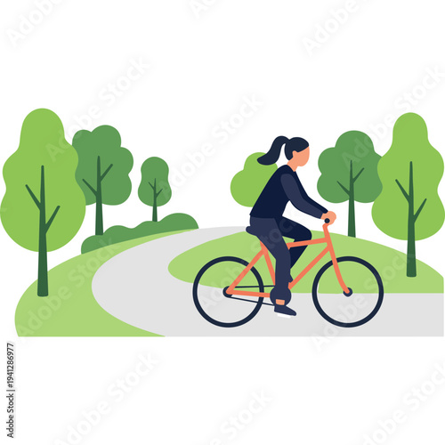 Woman rides bicycle on winding path through trees in park