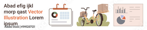 Logistics, data management, office organization, delivery services, workflow analysis, business process. Bicycle with parcels, calendar with chart and bar graph with pie chart. Delivery services