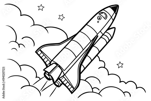 Simple Rocket Line Drawing Coloring Page, Black and White Vector Art