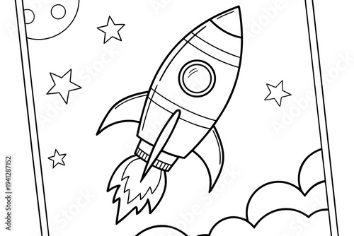 Simple Rocket Line Drawing Coloring Page, Black and White Vector Art