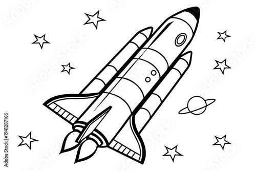 Simple Rocket Line Drawing Coloring Page, Black and White Vector Art