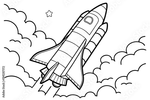 Simple Rocket Line Drawing Coloring Page, Black and White Vector Art