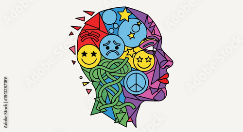 A vibrant, abstract portrait of a person's head rendered in a mosaic of rainbow colors, showcasing a spectrum of emotions and thoughts.