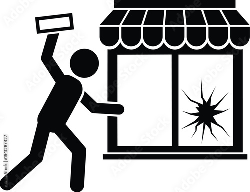 Vandalism icon person breaking window at shop