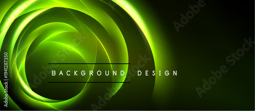 Dark backdrop features vibrant green swirling lines. Text reads background design centered within luminous shapes. Modern, dynamic visual.
