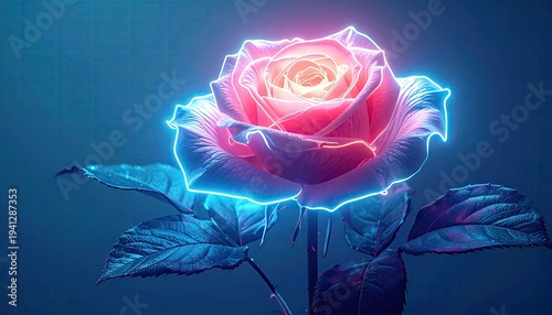 A vibrant rose glows with neon outlines against a dark blue backdrop