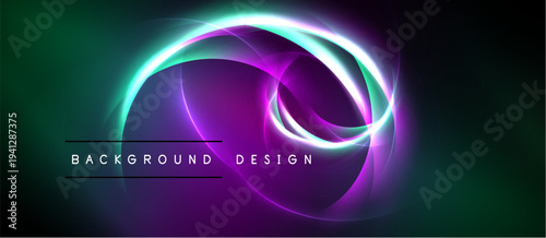 Abstract neon swirls, vibrant colors blend. Dark background emphasizes glowing shapes, creating dynamic visual effect. Text reads background design.