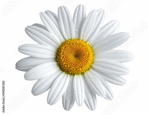 Close-up of a pristine white and yellow daisy with water droplets