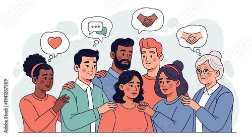 Diverse group of people expressing various emotions and feelings in a semi-circular arrangement.