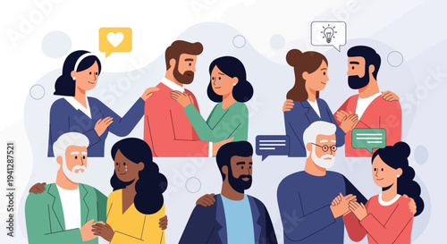 Diverse group of people expressing various emotions and feelings in a semi-circular arrangement.