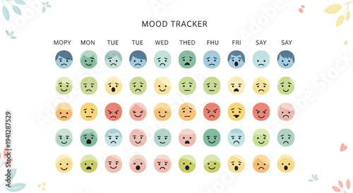A comprehensive mood tracker chart featuring rows of colorful emoji faces representing different emotions for each day of the week.
