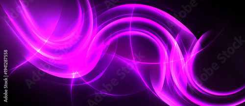 Bright purple energy flows, curves, swirls against black background. Dynamic light creates abstract visual effect.