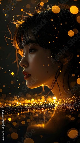 Portrait of woman in profile, illuminated by golden bokeh