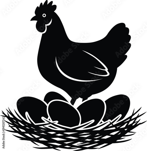 Chicken on nest with eggs silhouette