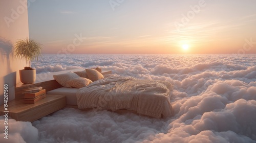 Bed floating above cloud layer during beautiful sunrise. Surreal bedroom in dreamlike sky. Concept of peaceful sleep, relaxation, comfort, imagination and heavenly rest in morning.