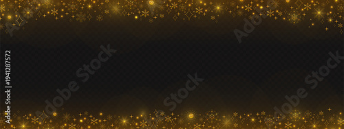 Golden snowflake border, elegant winter abstract pattern isolated on dark transparent background. Festive snow ornament, decorative frame element for holiday greeting cards, Christmas banner design