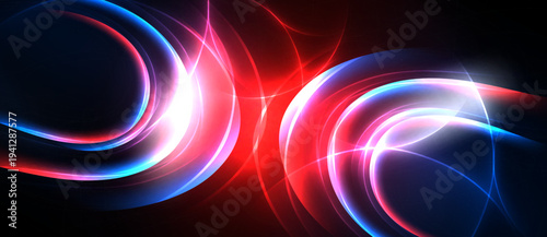 Abstract swirls, vibrant colors, dynamic energy. Red, blue, white light creates flowing patterns, dark background.