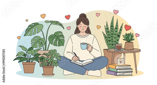 A young woman enjoys a peaceful moment of journaling and drinking coffee surrounded by lush houseplants.