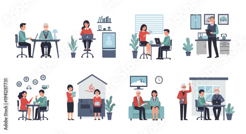 Diverse group of people engaged in various professional and personal activities within office and home settings, illustrating collaboration and daily life.