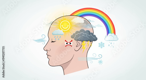  Illustration of a human head profile with various weather symbols and emotions representing mental states.