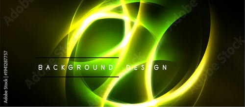 Abstract neon swirls, vibrant green yellow hues. Dark background emphasizes glowing shapes, modern design element.