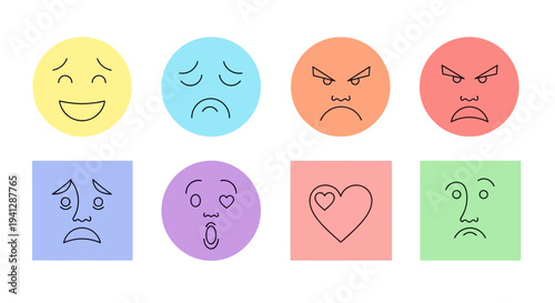 A collection of eight distinct emoji faces and symbols representing various emotions and feelings, presented in a grid.