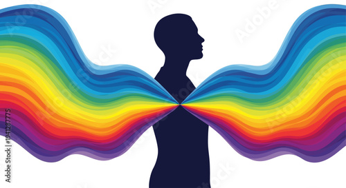 Abstract illustration of a human silhouette with a vibrant, flowing rainbow color splash emanating from its chest, symbolizing creativity and emotion.