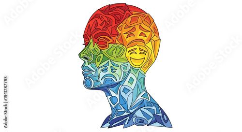 A vibrant, abstract portrait of a person's head rendered in a mosaic of rainbow colors, showcasing a spectrum of emotions and thoughts.