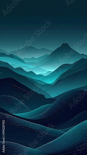 Stylized blue mountains in a layered landscape with atmospheric perspective
