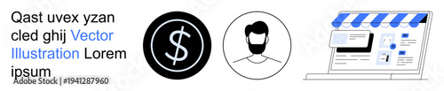 Finance, identity verification, e-commerce, online shopping, digital economy, business operations. Circular dollar sign, male avatar icon and a storefront interface. Finance and identity