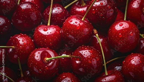 Close-up of fresh, glistening, ripe red fruit with green stems