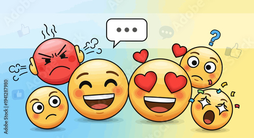 A diverse group of emojis expressing a wide range of emotions from anger and sadness to happiness, love, confusion, and surprise, with a speech bubble and social media icons.
