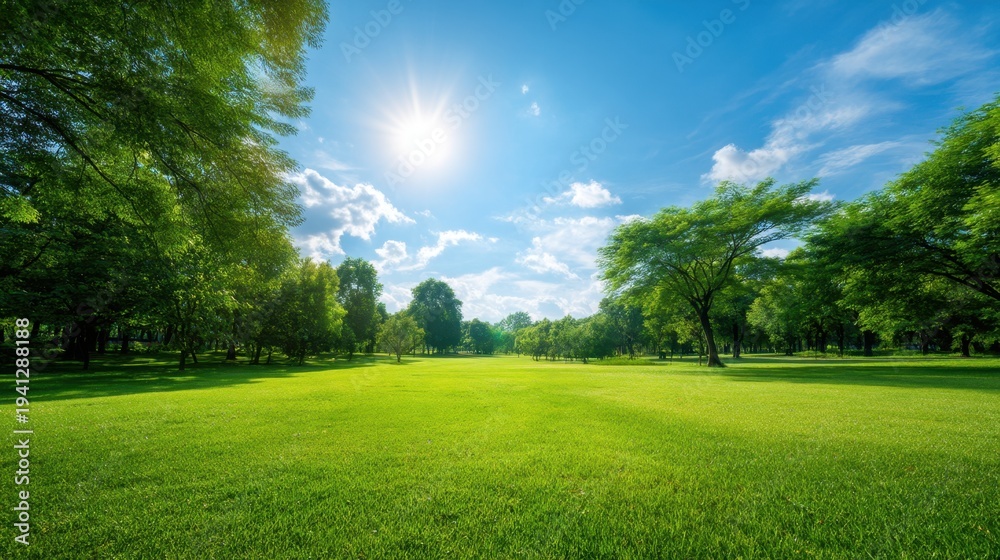 Fototapeta premium Green grass field in the park with trees under bright sky. Beautiful landscape with sunlight and blue sky. Concept of nature, environment and ecology, outdoor activity and relaxation.