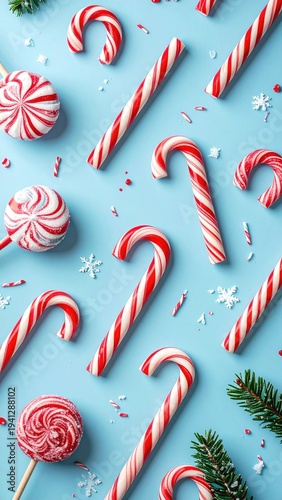 Overhead view of red and white striped candies on a light blue surface