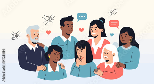 UntitDiverse group of people expressing various emotions and feelings in a semi-circular arrangement.led