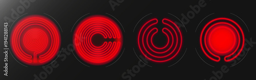 3d realistic electric stove top with glowing red burners, vector illustration. Induction cooktop with black ceramic surface, top view. Kitchen appliance different shapes