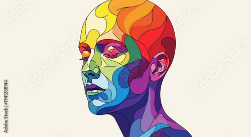 A vibrant, abstract portrait of a person's head rendered in a mosaic of rainbow colors, showcasing a spectrum of emotions and thoughts.