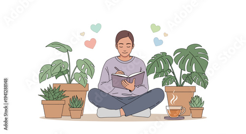A person sits cross-legged surrounded by potted plants, writing in a journal with a cup of tea nearby.
