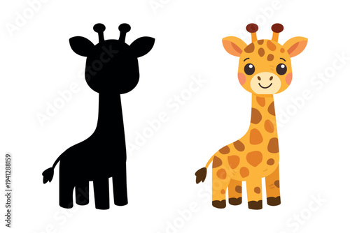 Cute baby giraffe cartoon with shadow silhouette for kids educational game