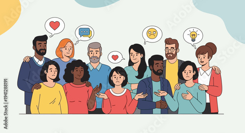 UntitDiverse group of people expressing various emotions and feelings in a semi-circular arrangement.led